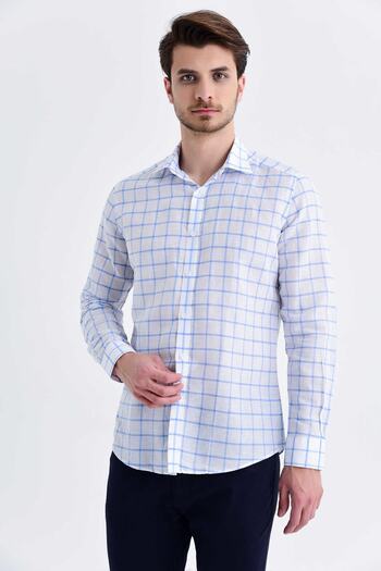 Hatemoğlu Blue Slim Fit Checkered Long Sleeve Linen Shirt