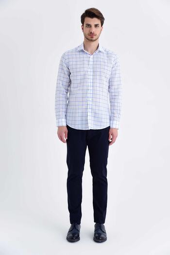 Hatemoğlu Blue Slim Fit Checkered Long Sleeve Linen Shirt