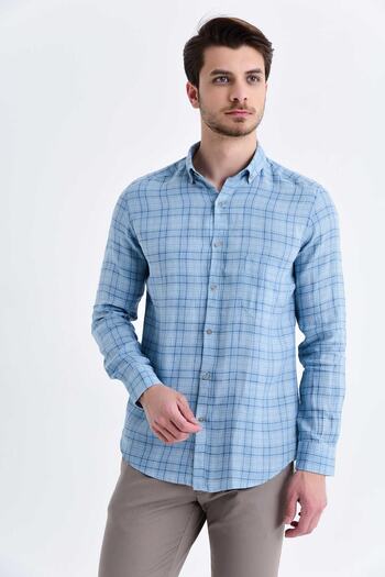 Hatemoğlu Blue Slim Fit Checkered 100% Linen Long Sleeve Shirt