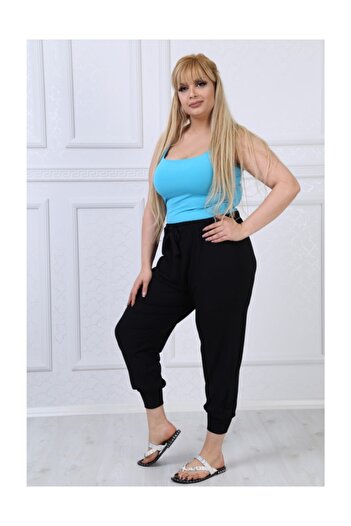 LİKRA Women's Large Size Lace-Up Waist Viscose Shalwar Black