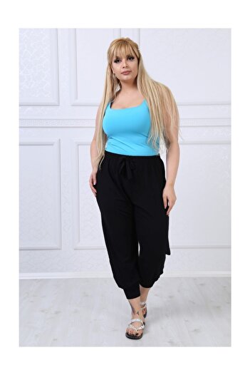LİKRA Women's Large Size Lace-Up Waist Viscose Shalwar Black