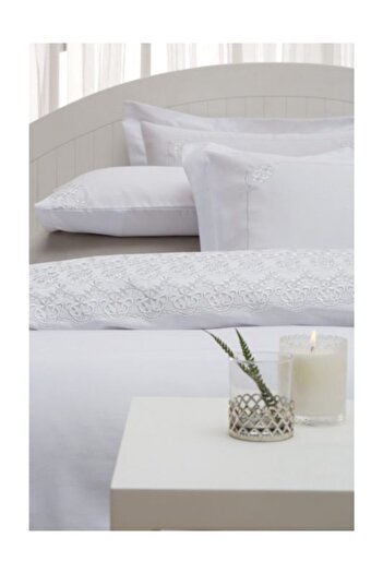 Sarev White Rose Satin Double Duvet Cover Set-V1