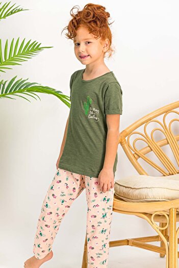 Arnetta Girl - Cactus Khaki Short Sleeve Crew Neck Pajama Set