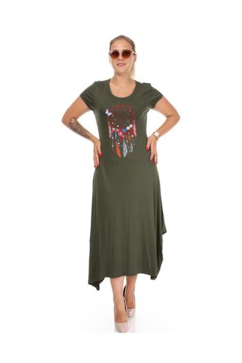 MJORA Women's Green Ethnic Pattern Detailed Viscose Plus Size Dress
