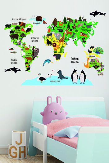 Macro Dijital World Map Decorative Sticker with Animal Figures