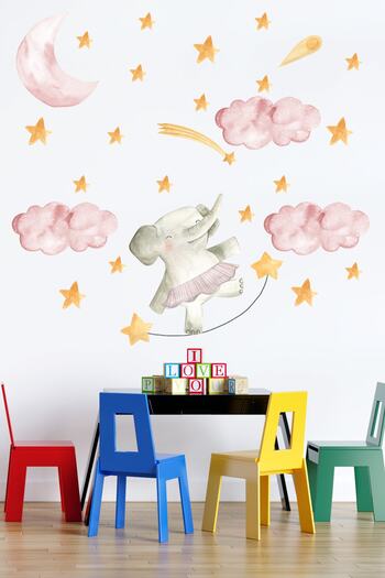 Tilki Dünyası Cute Elephant Stars, Pink Clouds Kids Room Sticker