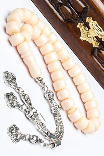 OTTOTESBİH Wheel Cut 7x10mm White Color Iranian Tortoiseshell Wrist Size Scented Powder Amber Prayer Beads