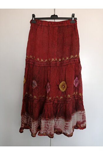 Butik Tülin Otantik Krep Şifon Kırmızı Batik Uzun Hint Etek