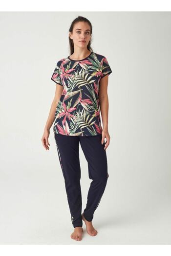 Mod Collection Women's Navy Blue Tropical Pattern Pajama Set