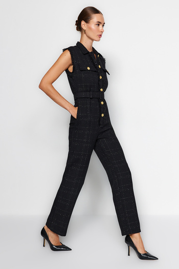 Trendyol Collection Tweed tkaný overal s černým páskem a límečkem TWOAW24TU00013