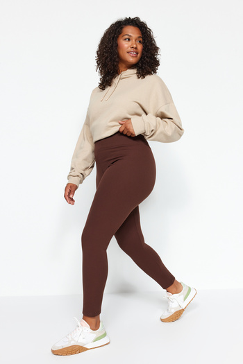 Trendyol Curve Brown High Waist Inside Fleece Ribbed Knitted Large Size Leggings Tbbaw23Bv00017