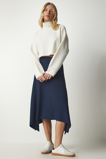Happiness İstanbul Women's Navy Blue Asymmetric Cut Ribbed Knitted Skirt MC00227