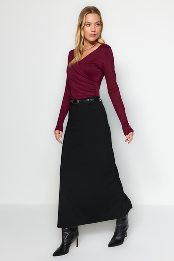 Trendyol Collection Claret Red Fitted/Body-Sitting Viscous Drawstring V-Neck Flexible Snap Fastener Knitted Body TWOAW24BD00045