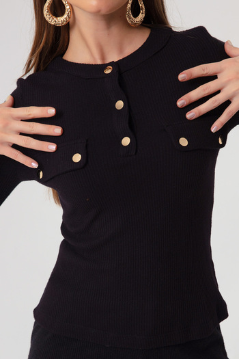 Lafaba Women's Black Pocket Detailed Knitted Blouse