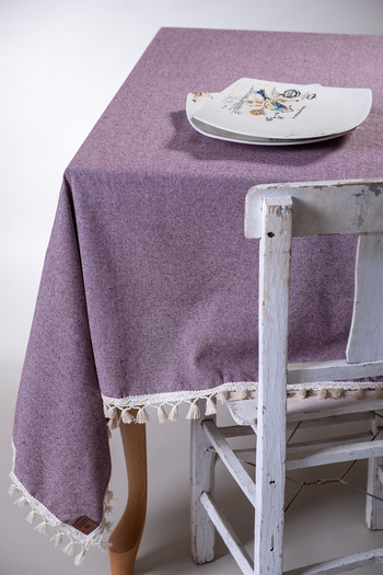 vivamaison Plum Colored Cotton Pompom Tablecloth