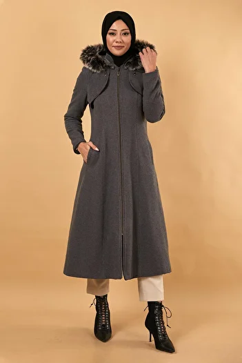 Modamihram Zippered Hooded Cashew Coat Gray 12265
