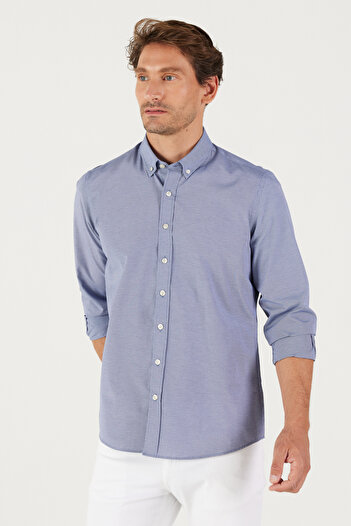 AC&Co / Altınyıldız Classics Men's Navy Blue Slim Fit Narrow Cut Oxford Button Collar Gingham Cotton Shirt