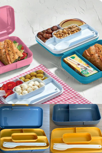 Bayev 2 Pieces Blue Compartment Lockable Lunch Box and Spoon Set Cookie Bread School Storage Container