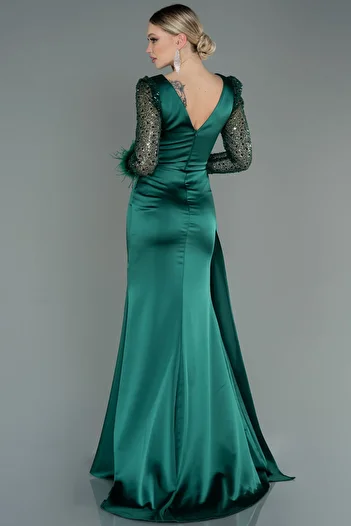 Abiyefon Emerald Green Sequin Long Sleeve Slit Satin Evening Dress ABU3080