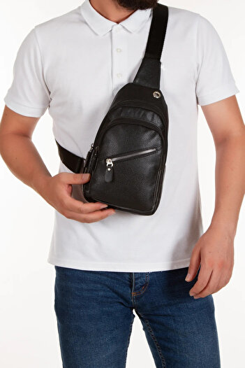 jön Unisex Black Vegan Faux Leather Crossbody Shoulder and Chest Bag with Headphone Jack (Daily, Travel, School)