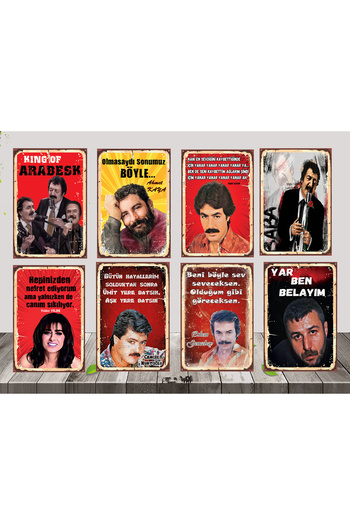 TAKIFİX Müslüm Gürses Ahmet Kaya Azer Bülbül Nostalji 8 Adet 20x30 CM Ahşap Poster SETİ 1