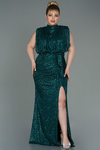 Abiyefon Emerald Green Stand Collar Slit Long Sequin Plus Size Evening Dress ABU3115