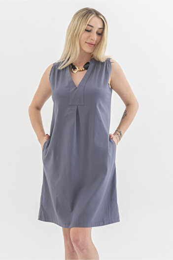 Bold & Young Gray Women's Washed Cotton Lycra Dress with Pockets