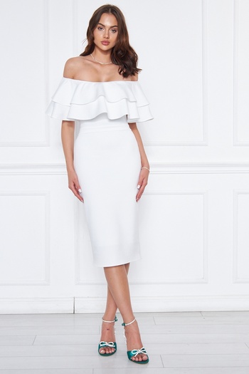 lovebox Flexible Scuba Fabric Madonna Neck Midi Length Pencil Cut White Evening Dress 164