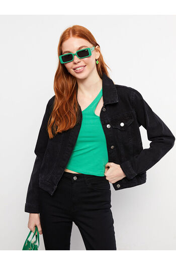 LC Waikiki Women's Jean Jacket - Shirt Collar, Solid, Long Sleeve