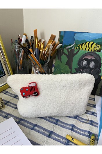 sumicorn Cute Train Plush Washable Zippered Gingham Lined Cloth Pen Holder Boy's Pencil Box