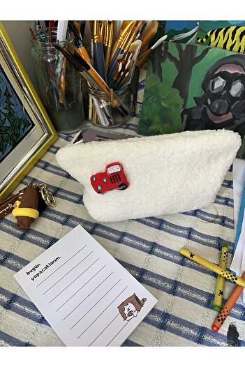 sumicorn Cute Train Plush Washable Zippered Gingham Lined Cloth Pen Holder Boy's Pencil Box