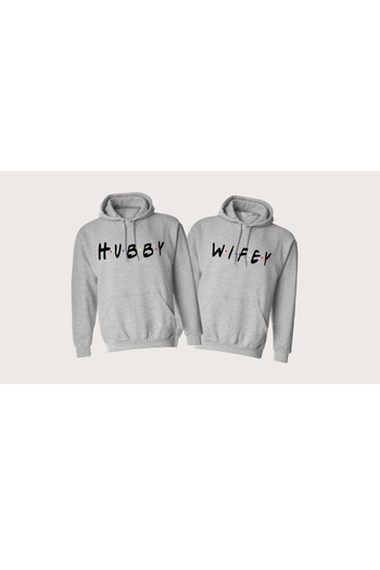 Mythologie Hubbey Wifey Dear Couple Combination - Gray Printed Oversize Hooded Sweatshirt