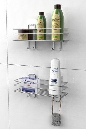 KARTEYA Adhesive 4 Hooks Bathroom Shelf Bath Shampoo Holder Shower Cabin Shower Hanger Set of 2