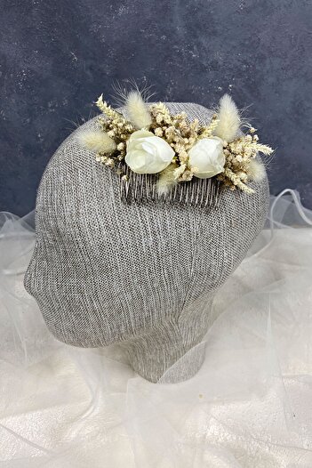 Hobigram Cream Cotton Grass Cipso and Artificial Flower Scalloped Hair Clip for the Most Beautiful Brides – Crown, Crystal Stone –