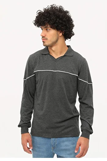 Uniprom T- Shirt Combed Cotton Long Sleeve Polo Collar 100% Cotton Anthracite Melange