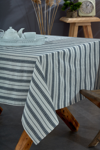 vivamaison Washed Cotton Navy Blue Striped Tablecloth