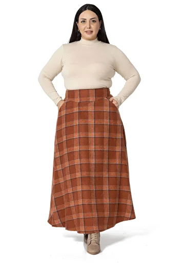 DISENTIS MODEST Large Size Waist Detailed Pocket Zippered Bell Plaid Cinnamon Long Skirt
