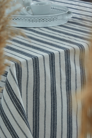 vivamaison Washed Cotton Navy Blue Striped Tablecloth