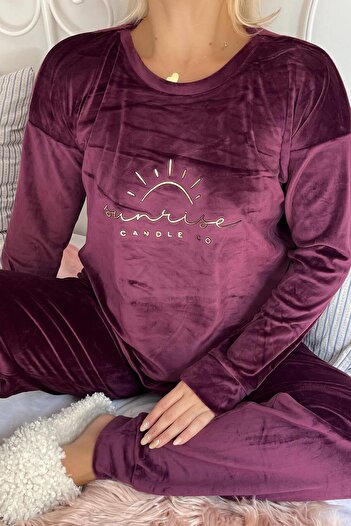 Pijamaevi Mürdüm Sunshine Desenli Exclusive Kadife Kadın Pijama Takımı