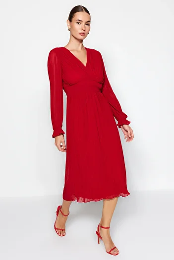 Trendyol Collection Piros hajtogatott bélelt sifon szőtt ruha TWOAW24EL00478