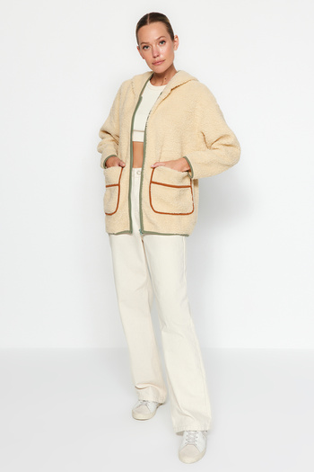 Trendyol Collection Ecru Thick Fleece Contrast Piping Hooded Relaxed/Comfortable Fit Knitted Sweatshirt TWOAW24SW00021