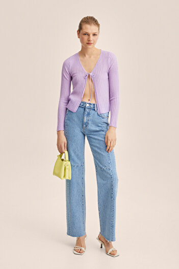 MANGO Woman Women Tie Neck Striped Cardigan, Lavender