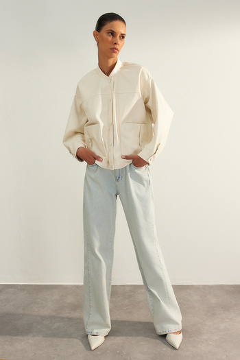 Trendyol Collection Limited Edition Stone Oversize 2 Different Shapes Wearable Bomber Jacket Coat TWOAW24MO00292