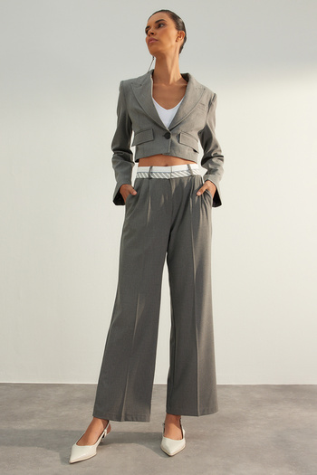 Trendyol Collection Gray Premium Wide Leg Woven Trousers with Belt Detail TWOAW24PL00092