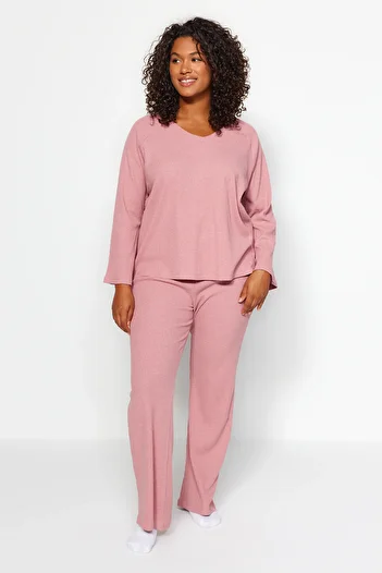 Trendyol Curve Dried Rose Corded Knitted Top and Bottom Set TBBAW24CP00025