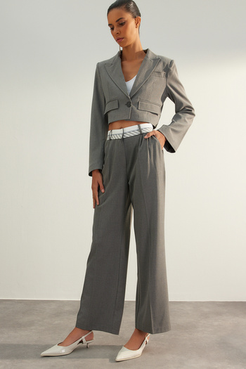 Trendyol Collection Gray Premium Wide Leg Woven Trousers with Belt Detail TWOAW24PL00092