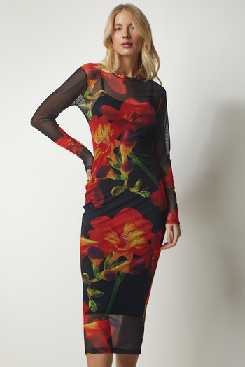Happiness İstanbul Rochie de damă din șifon neagră portocaliu cu modele florale FF00139