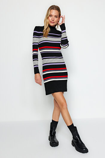 Trendyol Collection Color Blocked Black Mini Knitwear Dress - Stand Collar Twoaw24El00469