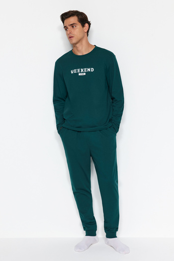 Trendyol Collection Πράσινη κανονική εφαρμογή εμπριμέ πλεκτές πιτζάμες σετ TMNAW24PT00037