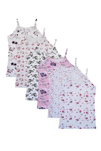 Tutku Dode Flora Tutku 850 Girl's Mixed Thread Strap Patterned Lycra Cotton Printed Undershirt, Pack of 6